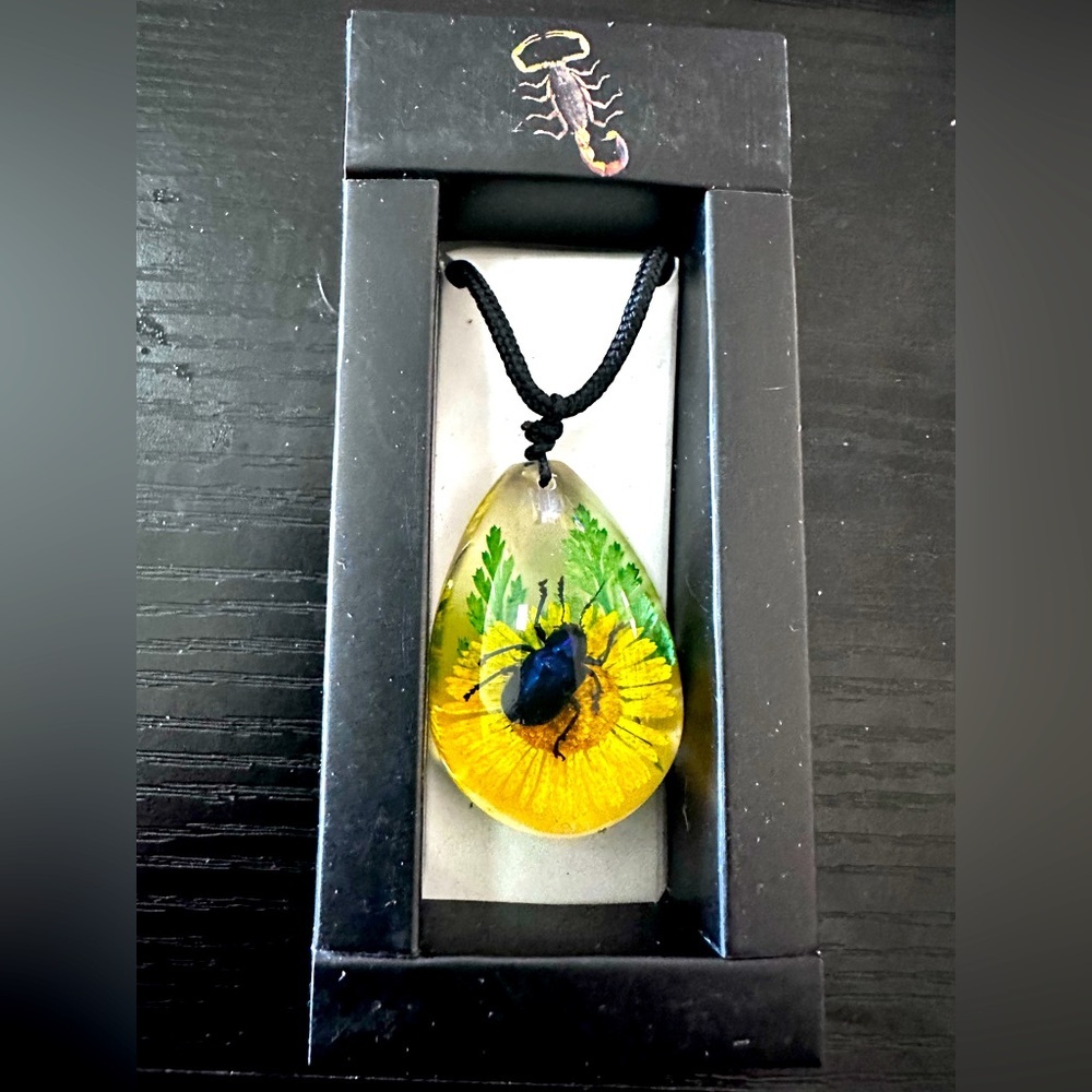 Necklace Pendant Blue Leaf Beetle on Flower Slider cord pear shape NWT​